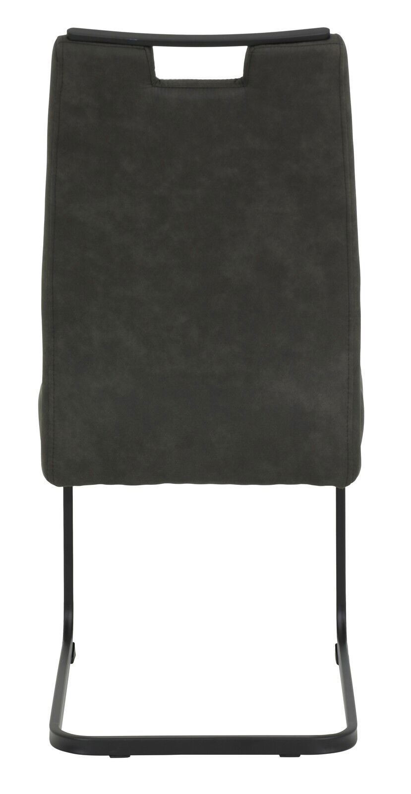 Rückansicht eines modernen Schwingstuhls mit dunklem Bezug und schwarzem Metallgestell.