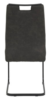 Achterkant van een moderne schommelstoel met donkere bekleding en een zwart metalen frame.