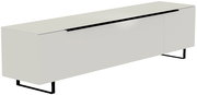 Modernes XL TV-Lowboard in Weiß mit schwarzen Metallbeinen, seitliche Perspektive