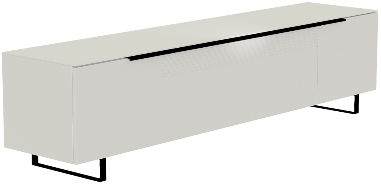 Modern XL tv-lowboard in wit met zwarte metalen poten, zijaanzicht