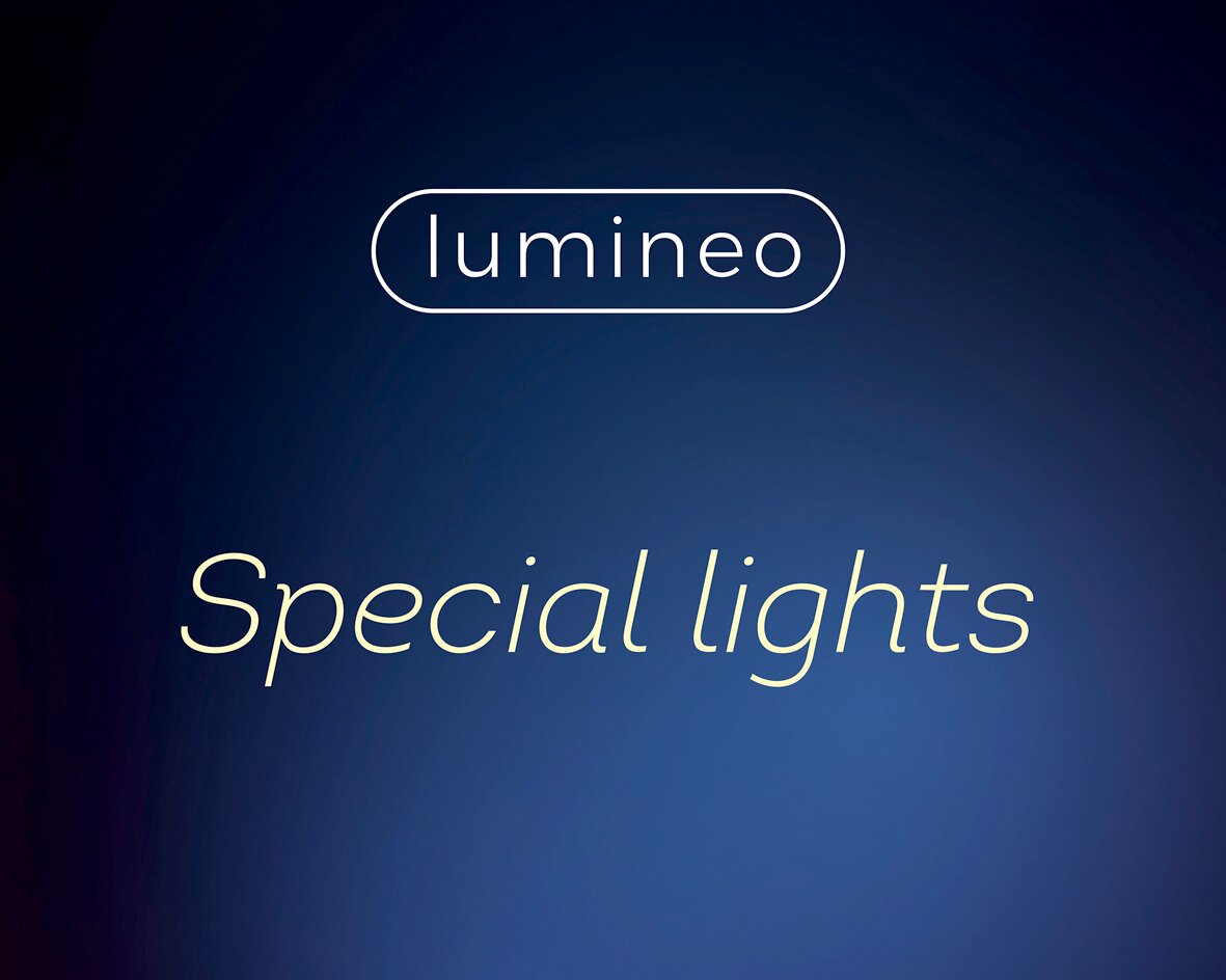 LED Party-Beleuchtung von Lumineo, Vorderansicht mit Schriftzug 'Special lights' auf blauem Hintergrund.