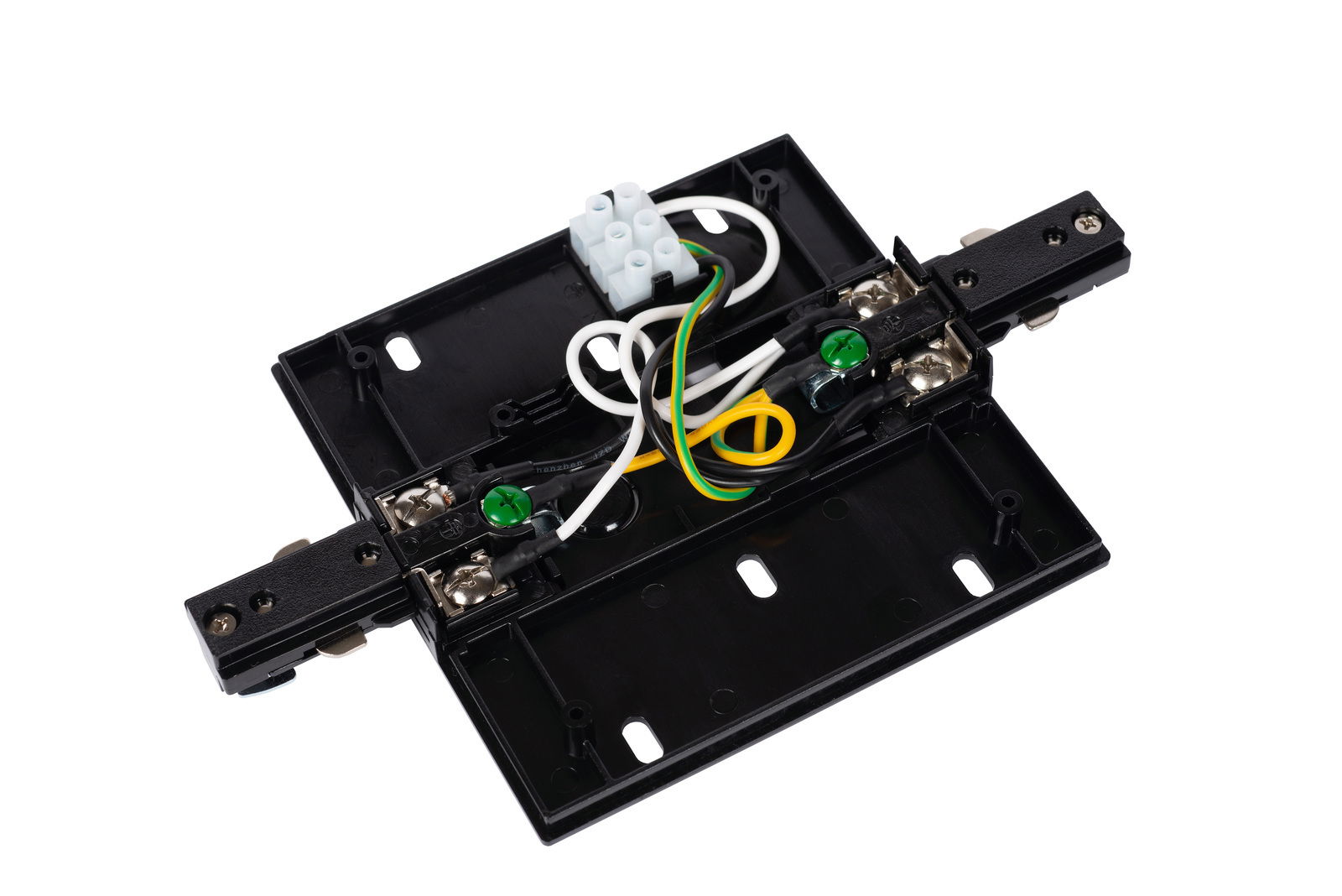 Schwarzer Mitteleinspeiser von Lucide für ein Schienensystem, von oben fotografiert, mit sichtbaren Kabelverbindungen und Schrauben.