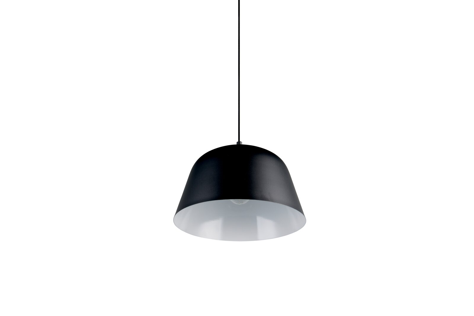 Zwarte hanglamp met een strak ontwerp, gezien van onderaf.