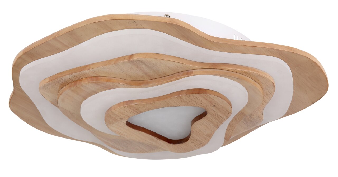 Moderne Deckenleuchte mit geschichteten Holz- und Weißelementen, seitliche Perspektive