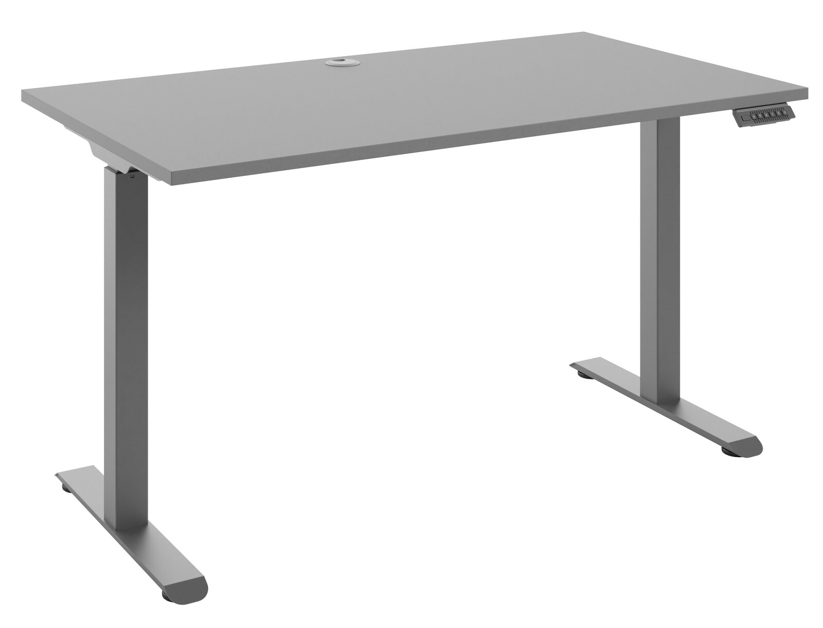 Moderner grauer E-Schreibtisch mit rechteckiger Tischplatte und höhenverstellbaren Beinen, seitliche Perspektive.