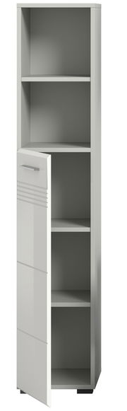 Moderner Hochschrank mit vier offenen Regalfächern und einer teilweise geöffneten Tür, Frontalansicht.