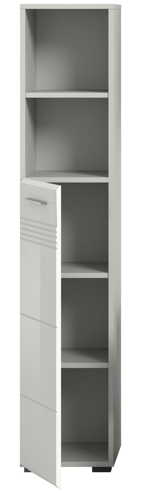 Moderner Hochschrank mit vier offenen Regalfächern und einer teilweise geöffneten Tür, Frontalansicht.