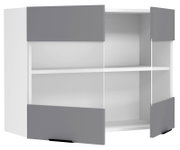 Moderner weiß-grauer Küchen-Hochschrank mit offenen Regalfächern und zwei Auszügen, frontale Ansicht leicht von rechts