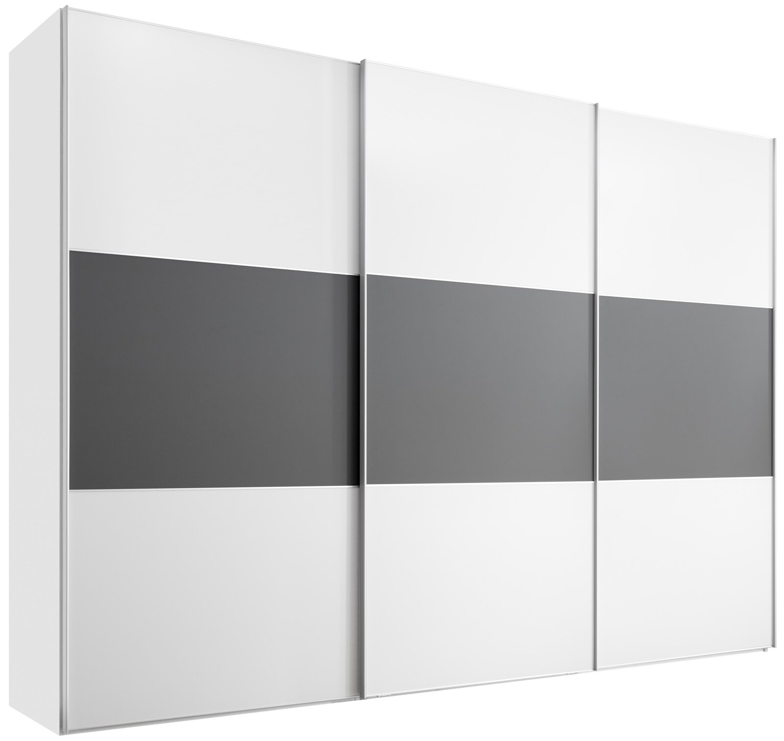 Moderano Schwebetürenschrank Serie PRIMO in Weiß und Grau, dreitürig, seitliche Perspektive