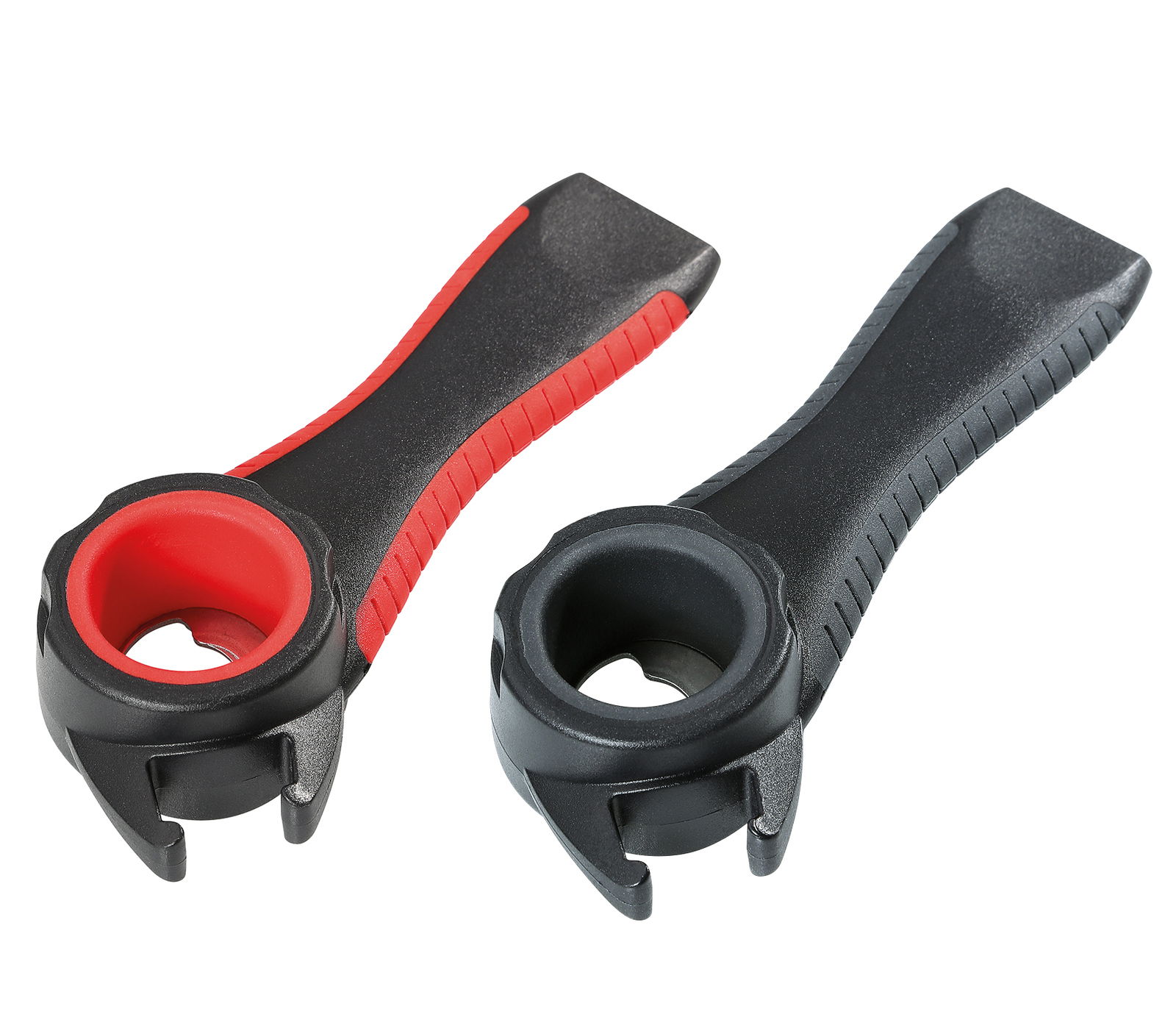 Zwei Universalöffner BUTLER 5 in 1 in Rot und Schwarz, von oben betrachtet.