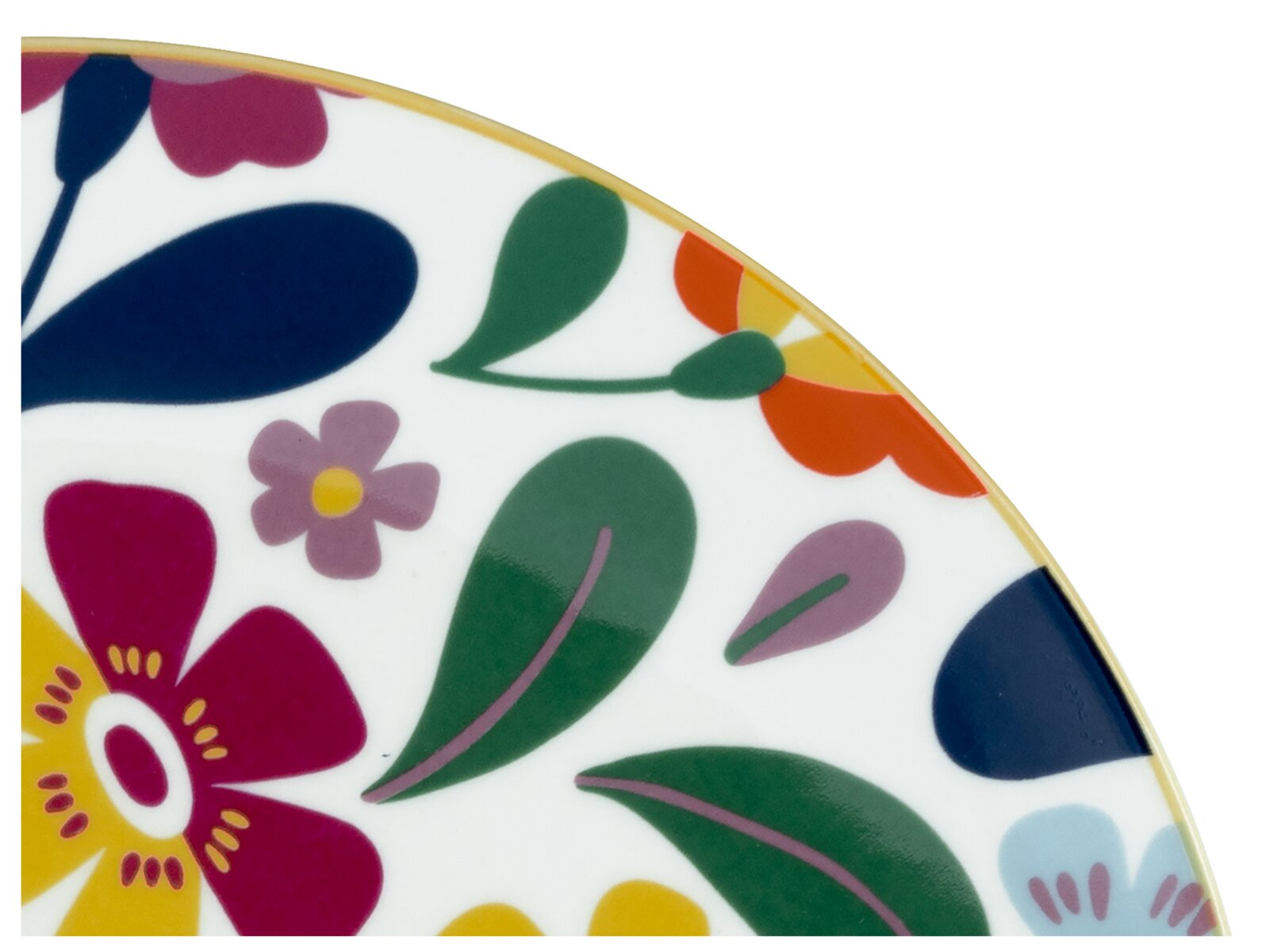 Detailansicht eines weißen Keramiktellers mit buntem Blumen- und Blättermuster sowie goldfarbenem Rand, fotografiert aus der Draufsicht (Top-Down) auf weißem Hintergrund