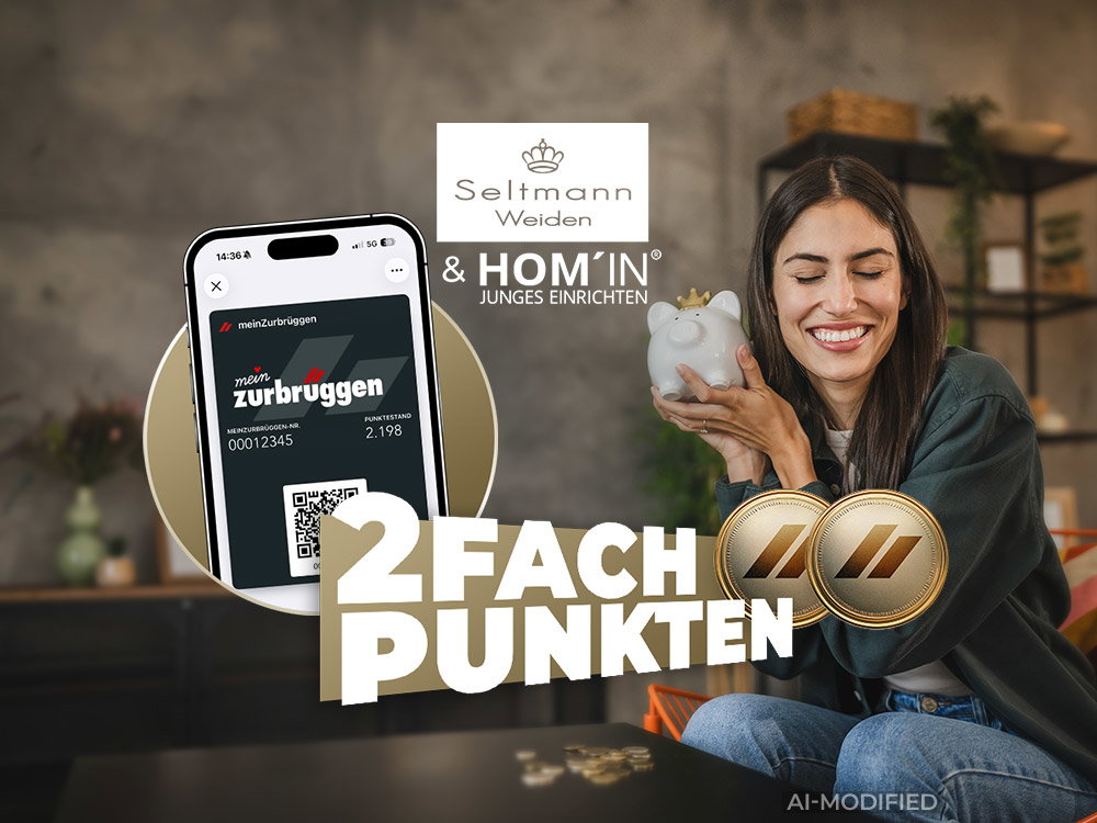 Frau mit Sparschwein wirbt für doppelte Treuepunkte bei Seltmann Weiden und HOM’IN. (KI-modifiziert)