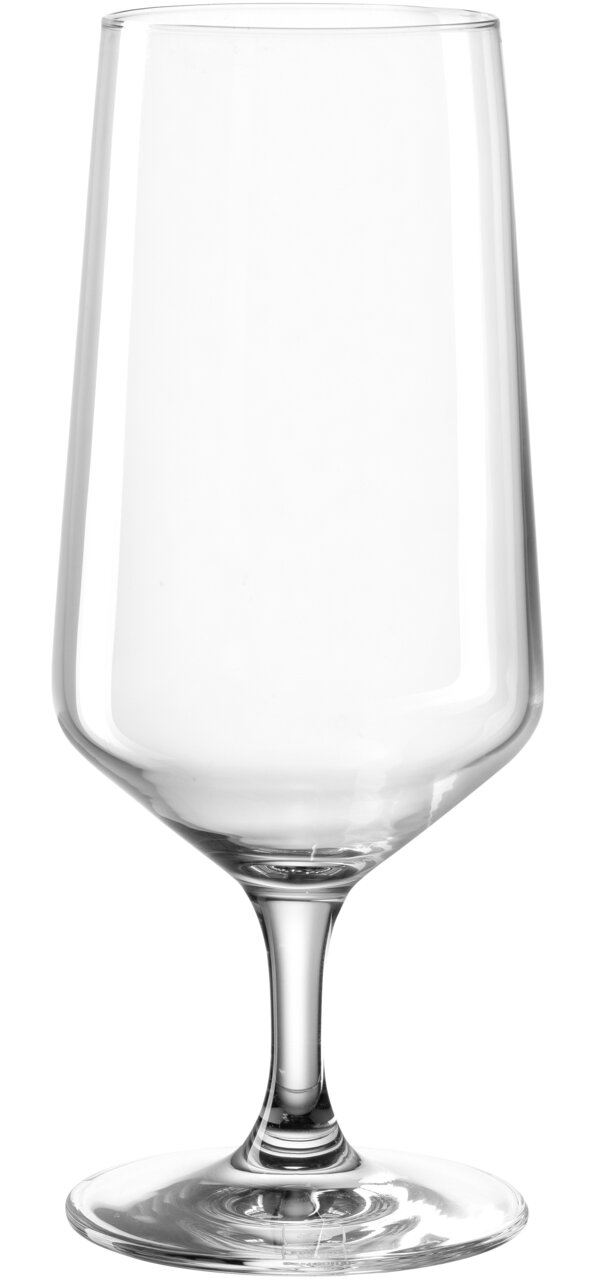 Bierglas van 410 ml van helder glas, van voren gefotografeerd, met een elegante steel en een brede voet.