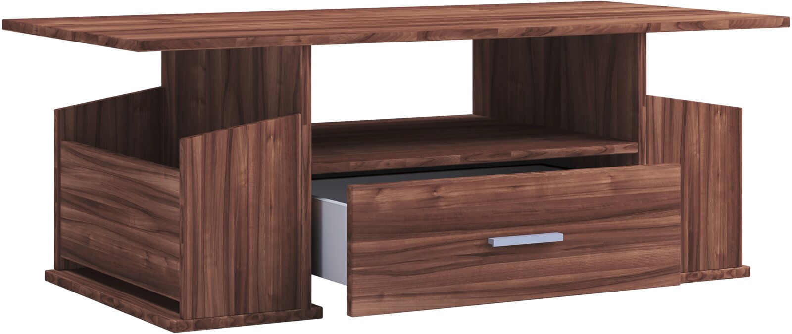Walnussfarbener Couchtisch/TV-Lowboard aus Holzoptik mit offener Ablage und halb geöffneter Schublade mit Metallgriff, in schräger Vorderansicht vor weißem Hintergrund