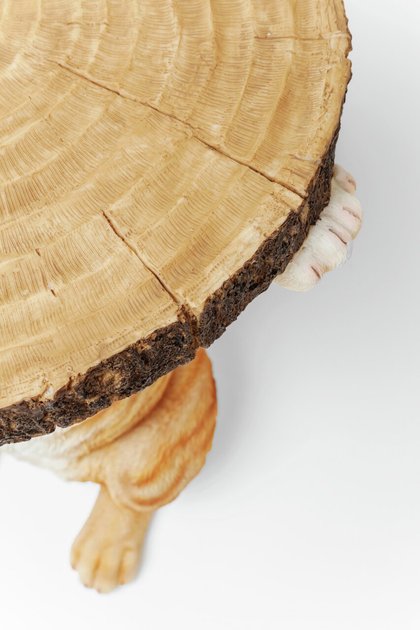 Bijzettafel in de vorm van een kattenlichaam met een houten tafelblad in boomstamlook, gezien van bovenaf.