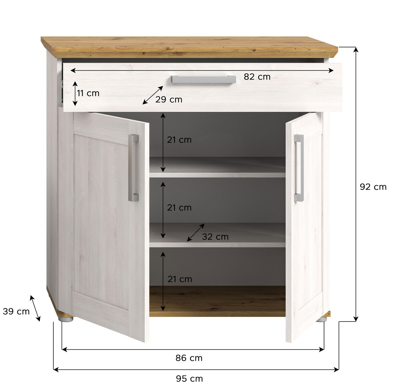 Schuhschrank mit zwei offenen Türen und einer Schublade, Frontansicht, Maße: 95 cm Breite, 92 cm Höhe, 39 cm Tiefe