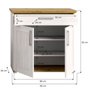 Schuhschrank mit zwei offenen Türen und einer Schublade, Frontansicht, Maße: 95 cm Breite, 92 cm Höhe, 39 cm Tiefe