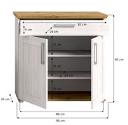 Schuhschrank mit zwei offenen Türen und einer Schublade, Frontansicht, Maße: 95 cm Breite, 92 cm Höhe, 39 cm Tiefe