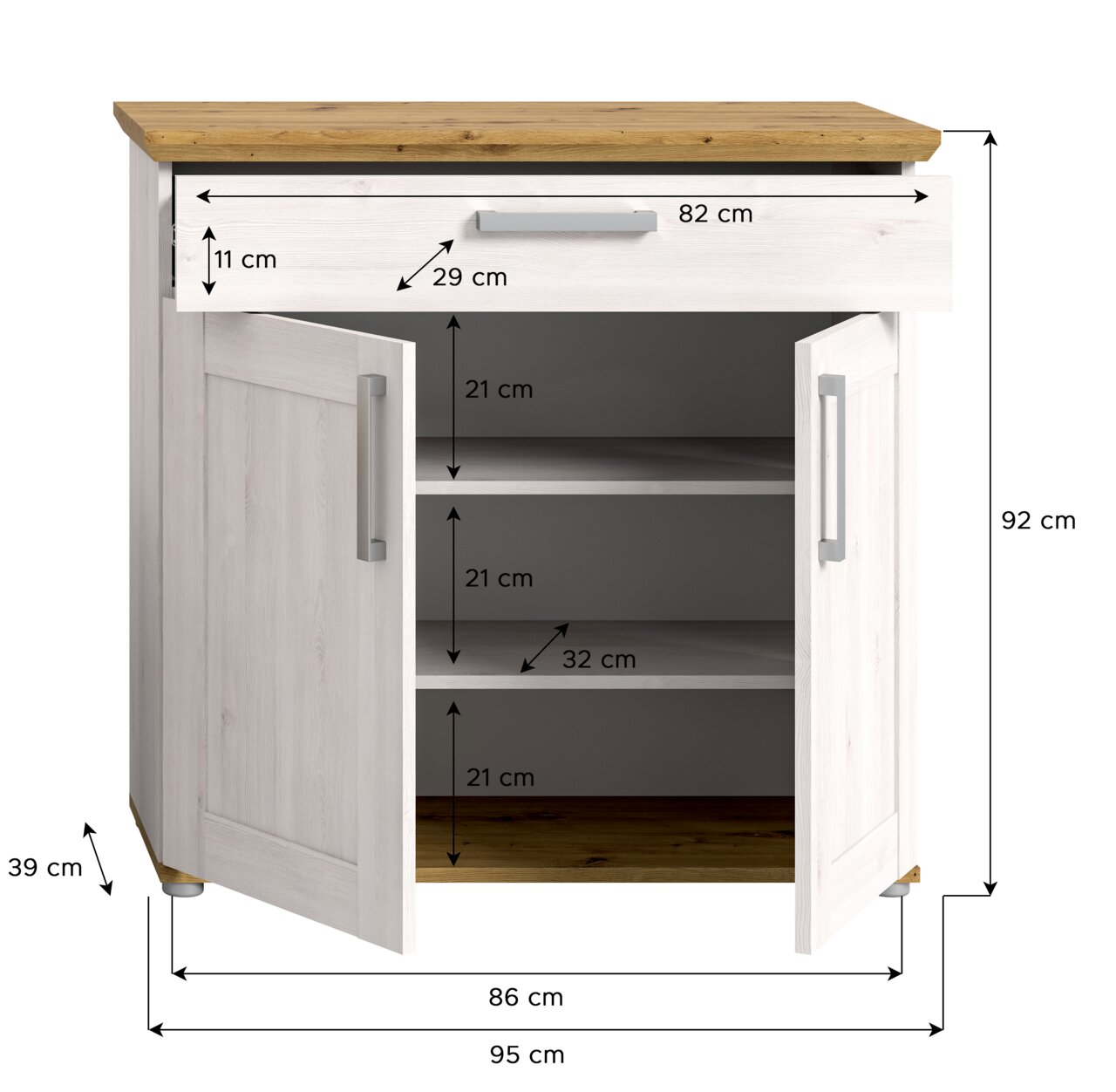 Schuhschrank mit zwei offenen Türen und einer Schublade, Frontansicht, Maße: 95 cm Breite, 92 cm Höhe, 39 cm Tiefe