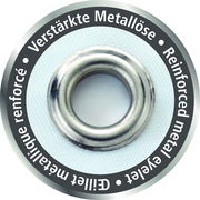 Nahaufnahme einer verstärkten Metallöse für Duschvorhänge, von oben betrachtet.
