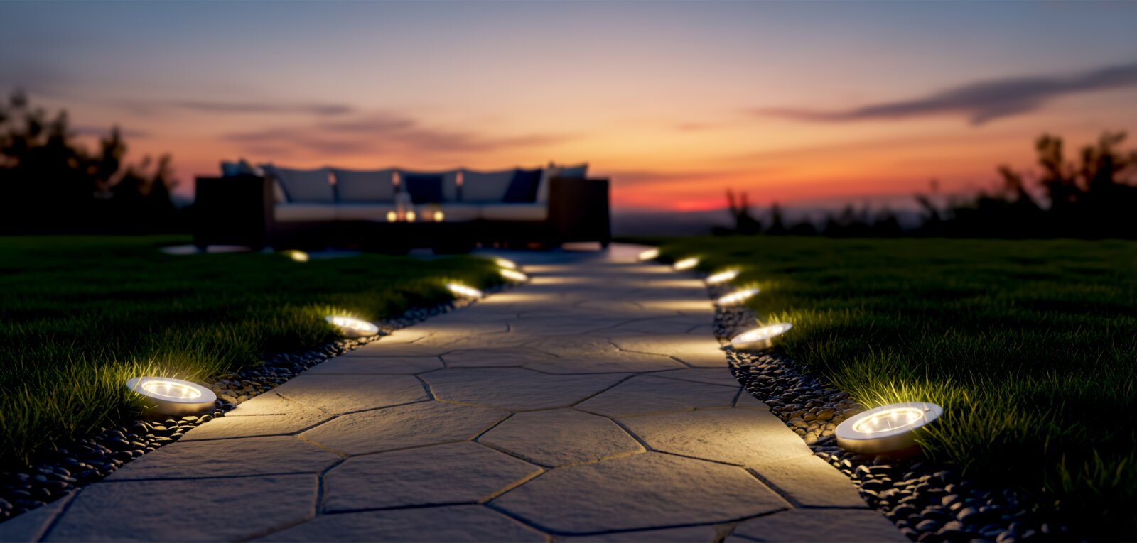 Bodenebene Perspektive: beleuchteter Gartenweg aus Steinplatten bei Sonnenuntergang, gesäumt von runden, flachen LED-Bodenleuchten im Rasen