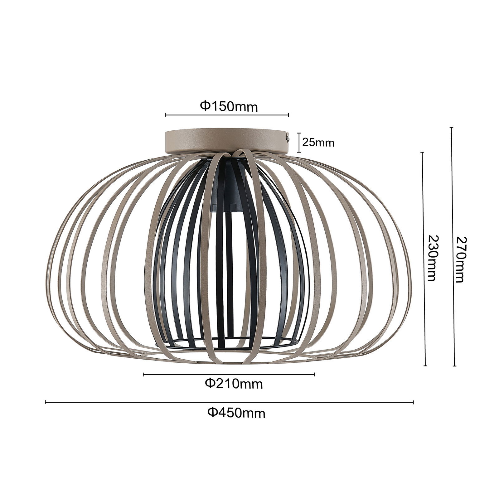 Moderne Deckenleuchte mit einem offenen, kugelförmigen Design aus Metallstreben, seitliche Perspektive.