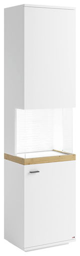 Weiße Vitrine mit Holzdetails, frontal betrachtet