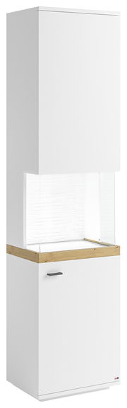 Weiße Vitrine mit Holzdetails, frontal betrachtet