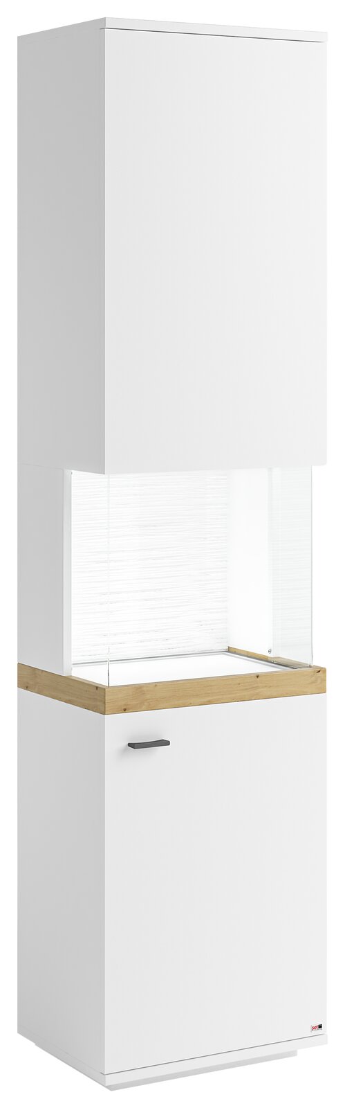 Weiße Vitrine mit Holzdetails, frontal betrachtet