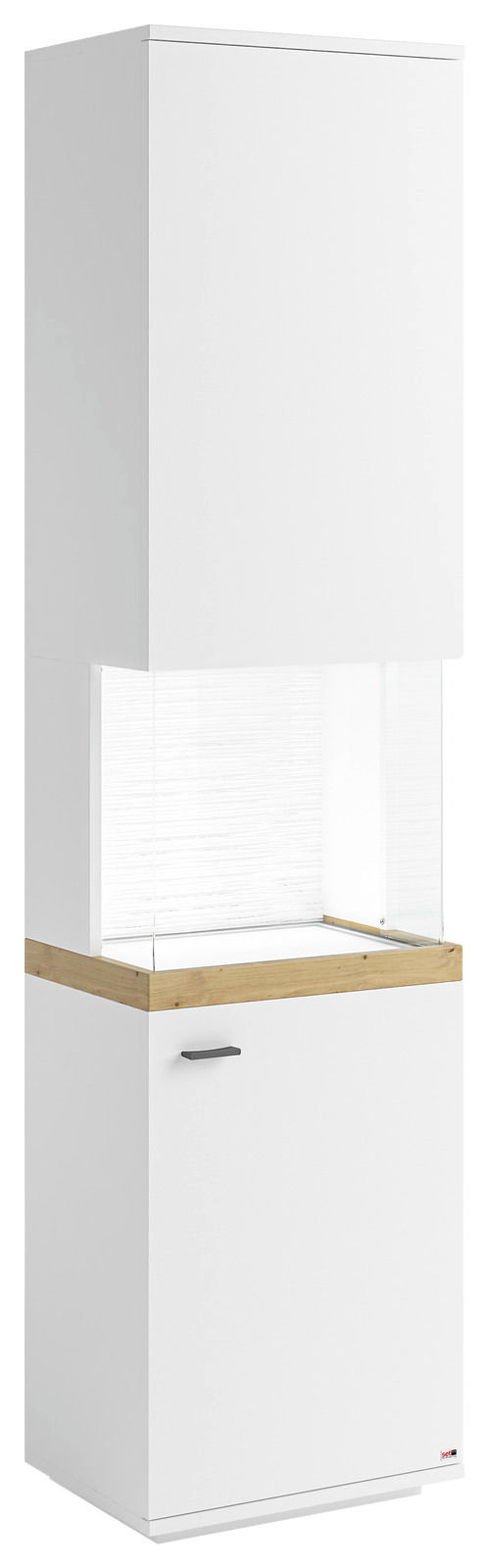 Weiße Vitrine mit Holzdetails, frontal betrachtet