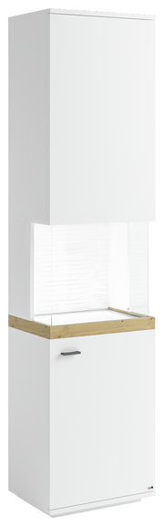 Weiße Vitrine mit Holzdetails, frontal betrachtet