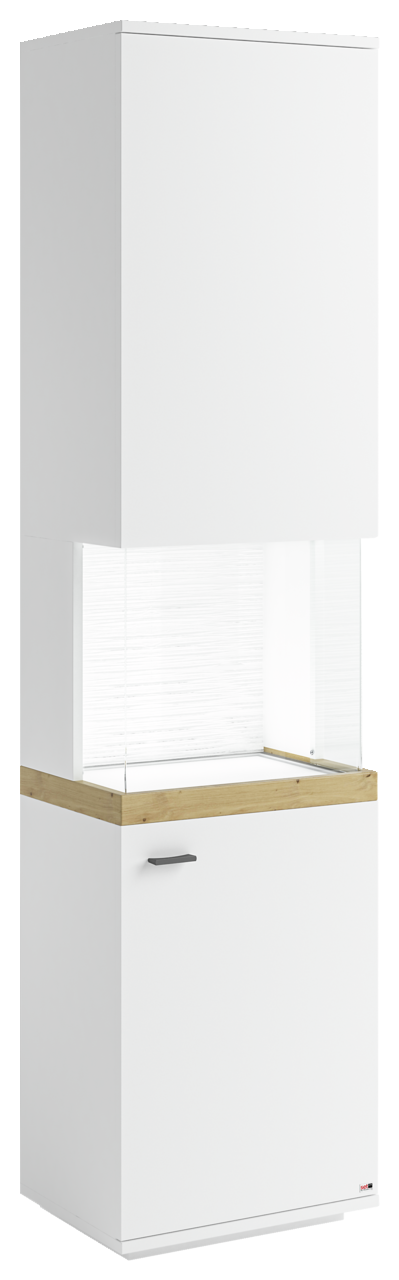 Weiße Vitrine mit Holzdetails, frontal betrachtet