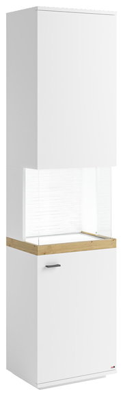 Weiße Vitrine mit Holzdetails, frontal betrachtet