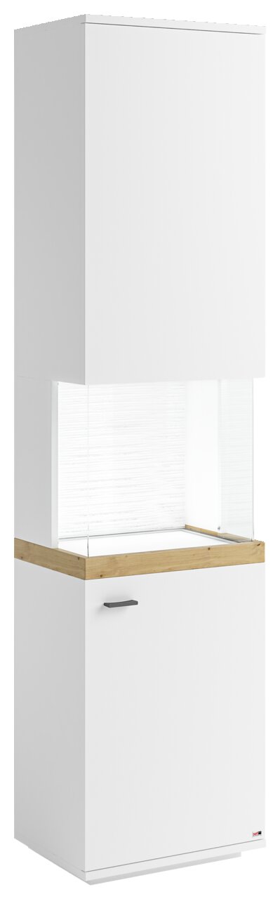 Weiße Vitrine mit Holzdetails, frontal betrachtet