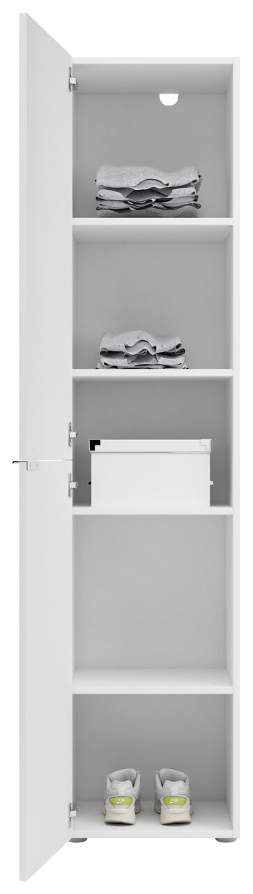 Stauraumschrank 45cm mit geöffneter Tür, zeigt mehrere Regalböden mit Kleidung, einer Box und Schuhen, Frontalansicht.