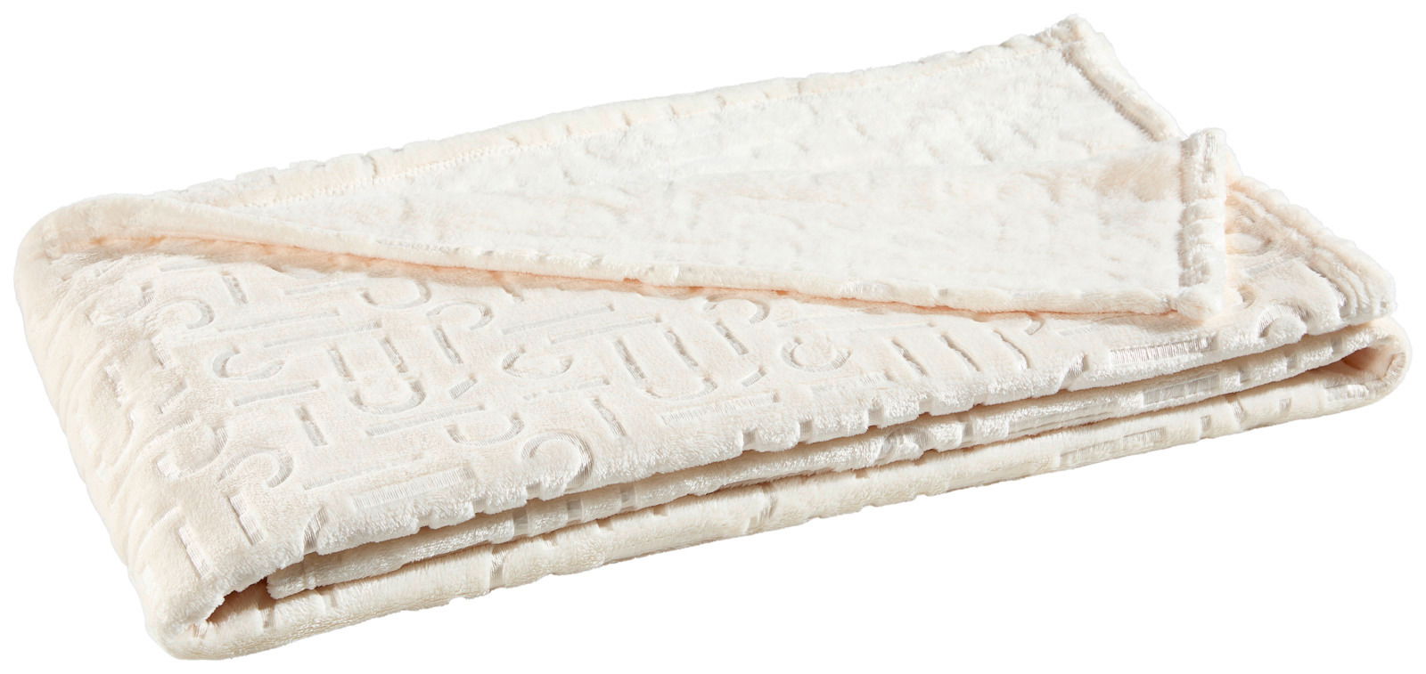 Esprit Plaid E-SCATTER Weiche, cremefarbene Decke mit geprägtem Muster, gefaltet und aus seitlicher Perspektive fotografiert.