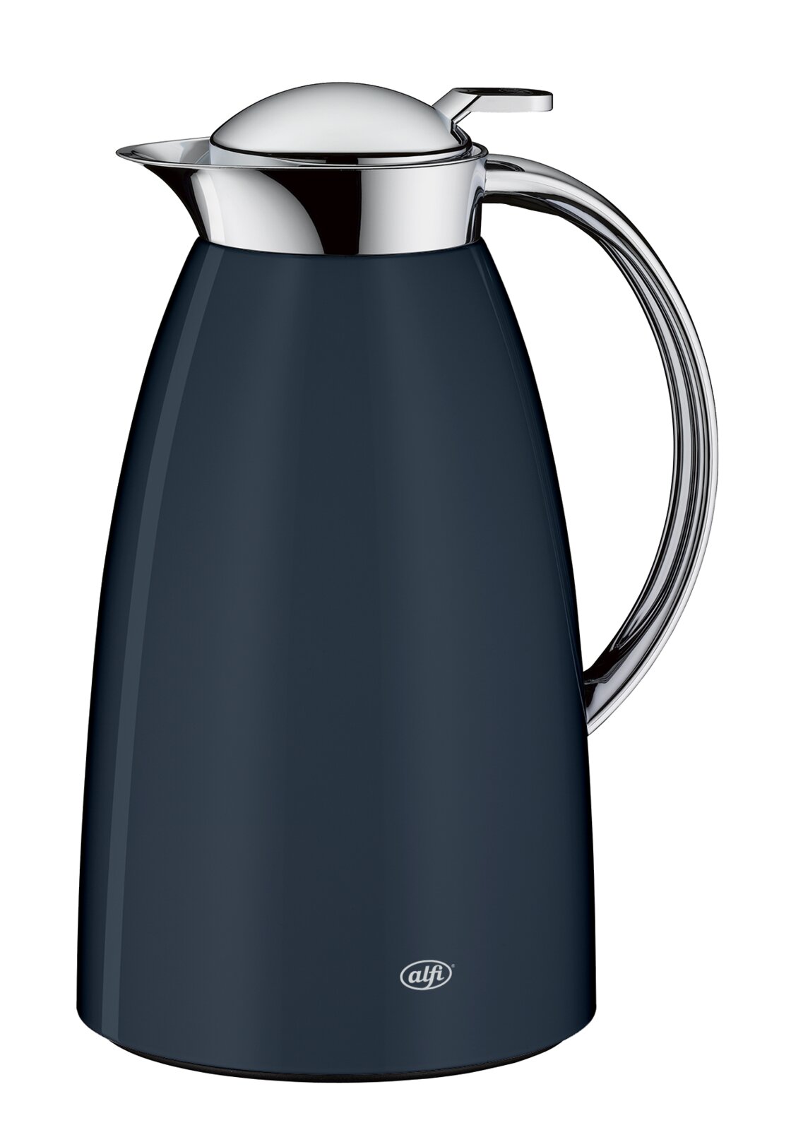 Dunkelblaue alfi Isolierkanne mit Chromdeckel und ergonomischem Griff, freigestellt, frontale Produktansicht leicht von rechts