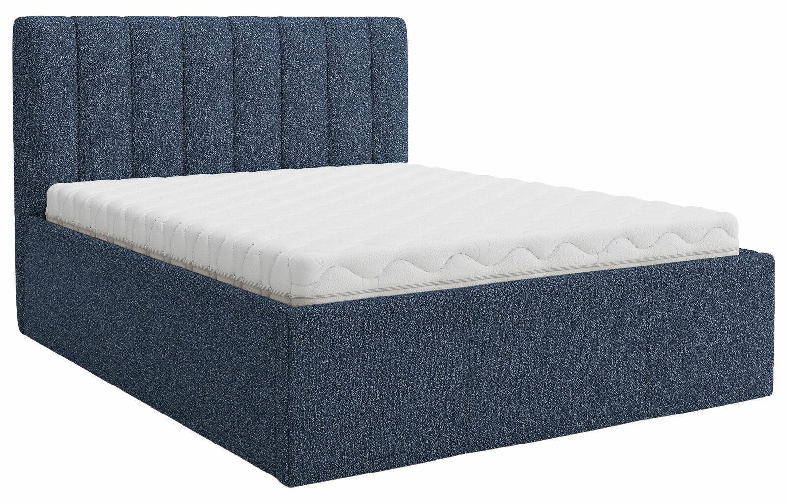 Polsterbett ELMA in blauer Stoffausführung mit gestepptem Kopfteil, seitliche Perspektive