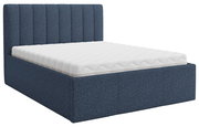 Polsterbett ELMA in blauer Stoffausführung mit gestepptem Kopfteil, seitliche Perspektive