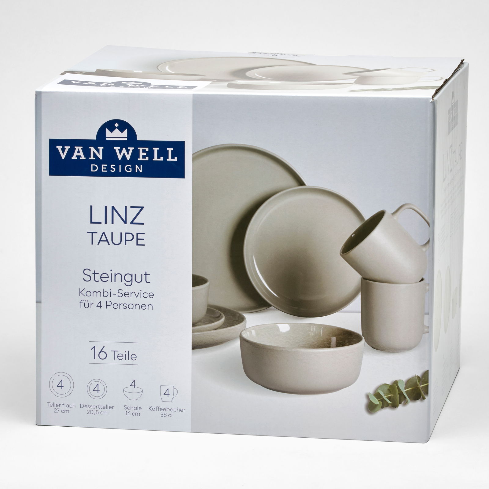 Verpackung des Kombiservice 16-tlg. Linz von Van Well Design in Taupe, bestehend aus Steingut für 4 Personen, mit Teller, Dessertteller, Schale und Kaffeebecher, seitliche Perspektive