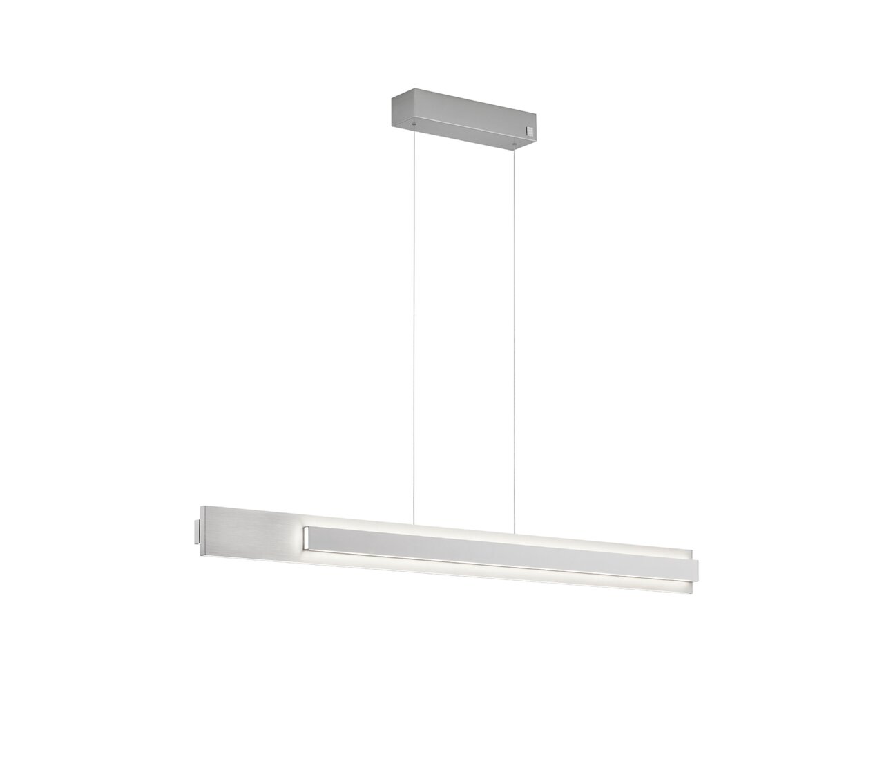 Moderne Pendelleuchte Musterring RIVERA in seitlicher Perspektive, mit schlankem, rechteckigem Design und silberner Oberfläche.