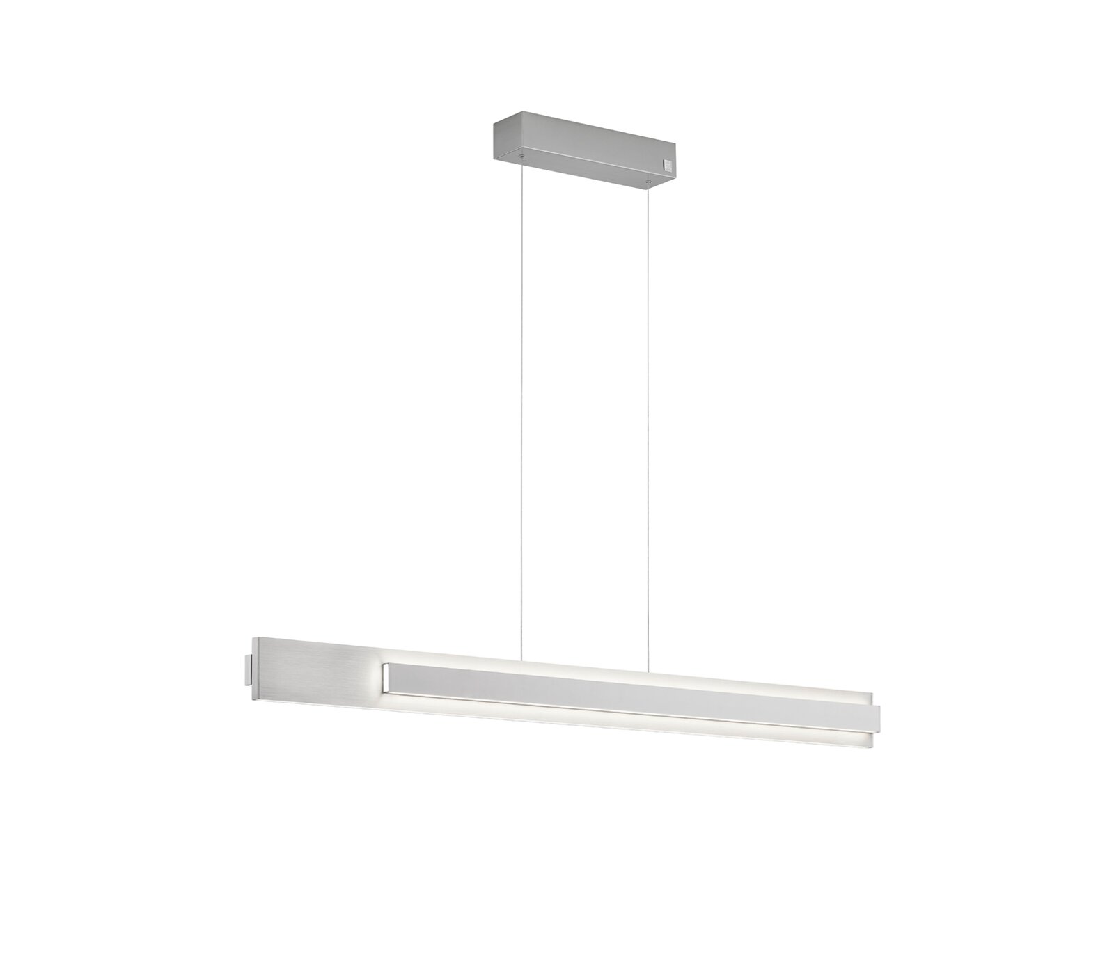 Moderne hanglamp Musterring RIVERA in zijaanzicht, met een slank, rechthoekig ontwerp en een zilveren afwerking.