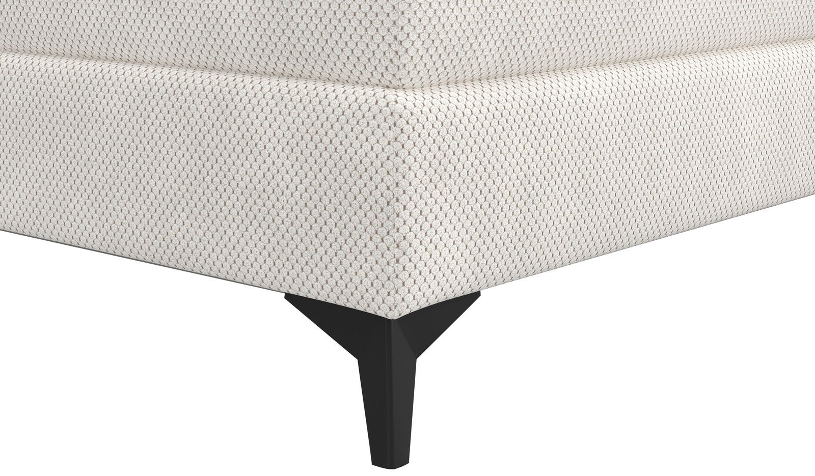 Nahaufnahme eines Boxspringbettes mit hellgrauem, strukturiertem Stoffbezug und schwarzem Holzfuß, Perspektive von der Ecke.