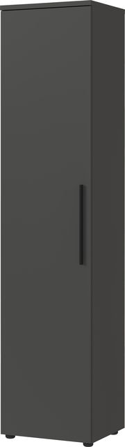 Schmaler, hoher Aktenschrank in dunkler Farbe, frontal betrachtet.