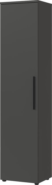 Schmaler, hoher Aktenschrank in dunkler Farbe, frontal betrachtet.