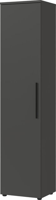 Schmaler, hoher Aktenschrank in dunkler Farbe, frontal betrachtet.