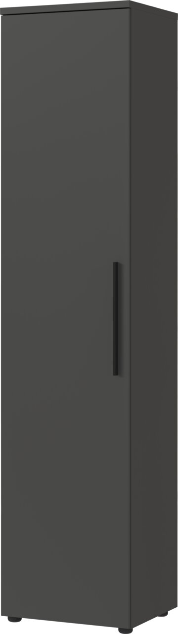 Schmaler, hoher Aktenschrank in dunkler Farbe, frontal betrachtet.
