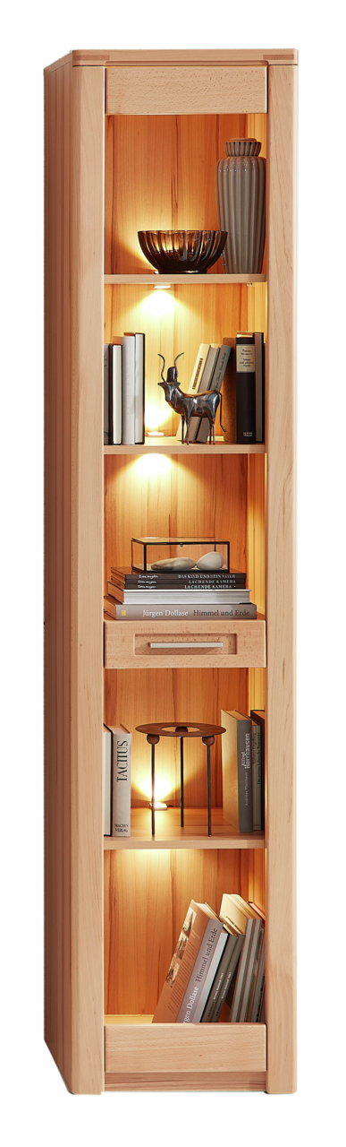 Schmales Regal aus Holz mit mehreren Fächern, dekoriert mit Büchern und Accessoires, frontal betrachtet.