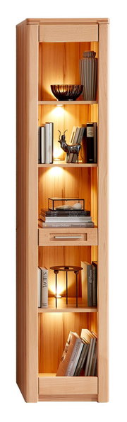 Schmales Regal aus Holz mit mehreren Fächern, dekoriert mit Büchern und Accessoires, frontal betrachtet.