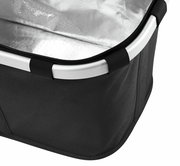 Nahaufnahme eines schwarzen Isolierkorbs mit silbernem Innenfutter und stabilem Rahmen.